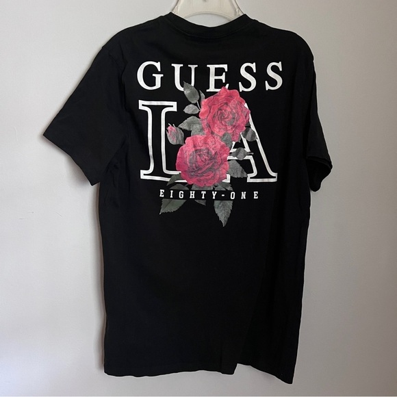 Guess Black Short Sleeve Tee with Logo and Red Roses Graphic Size Large EUC - Picture 3 of 5